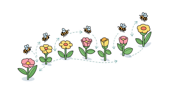 Illustration showing bees pollinating flowers in a dotted sequence against a white backdrop, depicting the process of cross-pollination with cheerful colors and a simplified, cartoonish
