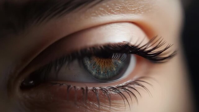 Soft closed eye with long natural eyelash and smooth skin close up macro green brown iris detailed