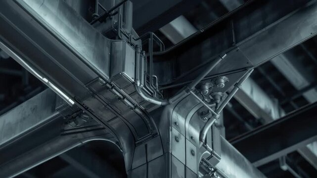 Industrial steel beam junction with pipes and conduit conveying cold metallic atmosphere