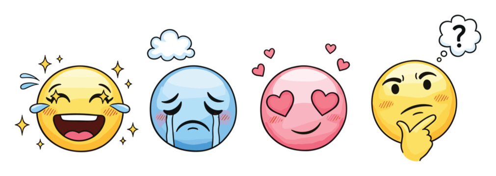 Collection of expressive emoji faces showing joy sadness love and thought for social media communication and digital applications