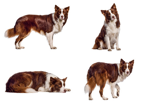 Dynamic set of red and white Border Collies in various actions, isolated on a transparent background.