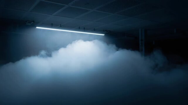 Smoke fog industrial ceiling with fluorescent light creating moody eerie blue atmosphere
