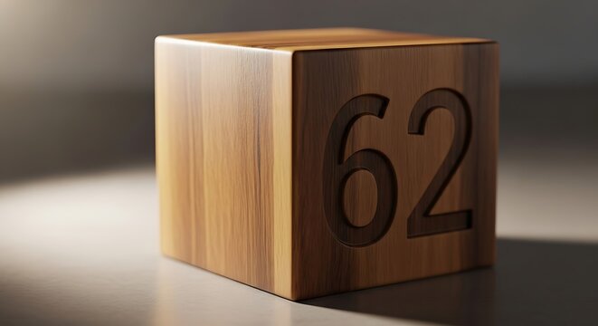 A wooden cube displaying the number sixty two illuminated with a soft light source