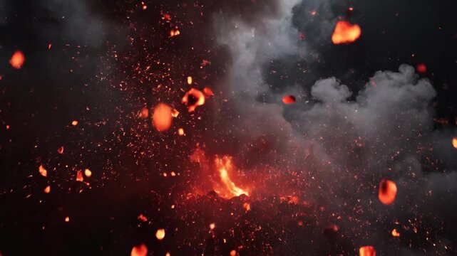 Dynamic slow-motion footage of a powerful fiery explosion with glowing embers and thick dark smoke.