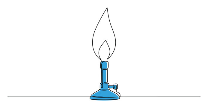 Stylized Bunsen burner with a lit flame rendered in a modern oneline drawing style, perfect for illustrating scientific concepts and educational materials.