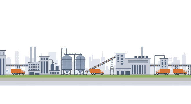 Industrial factory complex with silos and trucks for manufacturing and production.