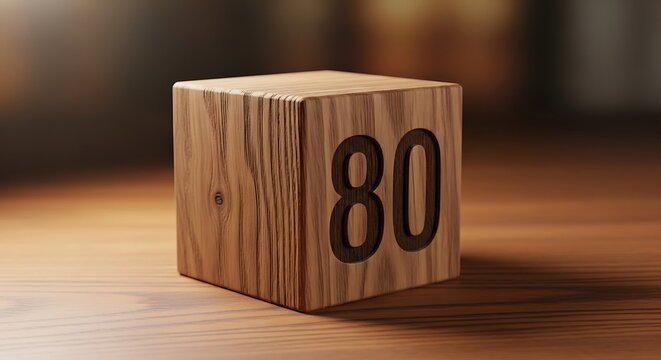 A wooden block displaying the number eighty with a warm focused lighting style