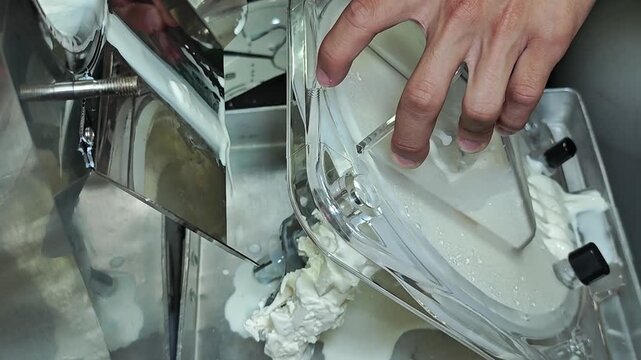 Ice cream maker machine. Ice cream falls into container.