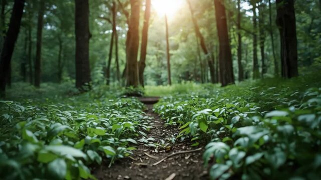 Sunlit forest trail with lush green groundcover and tall trees creating peaceful atmosphere