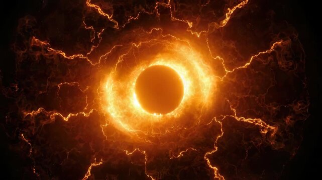 Molten sun core and fiery glowing orb with swirling plasma ring flare fire vortex energy