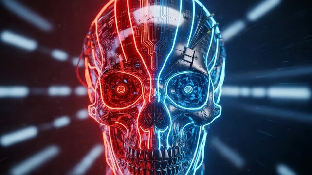 Red and Blue Binary Cyber Skull Split