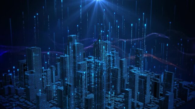 Futuristic area cityscape, cyberspace buildings, high tech district, artificial intelligence technology, grid architecture streams binary data, big data themes, smart infrastructure presentations 3D