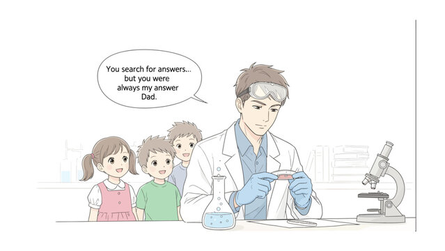 Discovering Curiosity: A scientist and inquisitive children explore the wonders of the laboratory. The image showcases the scientific method and a sense of wonder.