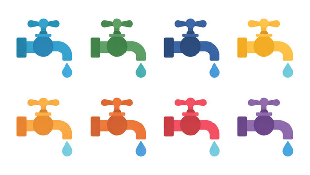 Colorful collection of six cartoon faucets in various colors