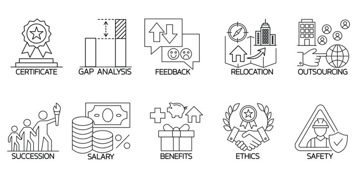 Employee benefits and business ethics icons set with salary safety and gap analysis.Editable stroke, Vector illustration, Line art Icon, Symbols.