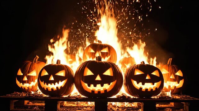 Multiple carved pumpkins illuminate the dark night, their glowing faces set against a vibrant, crackling bonfire. A festive and eerie scene perfect for Halloween celebrations.