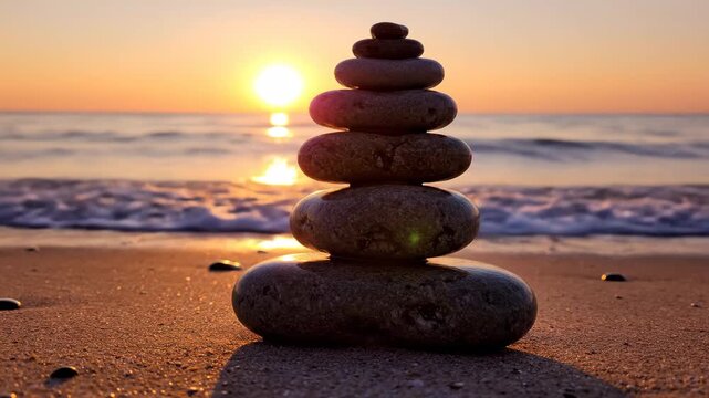 Perfectly balanced stone stack on a serene beach at sunset. Gentle ocean waves create a tranquil scene.