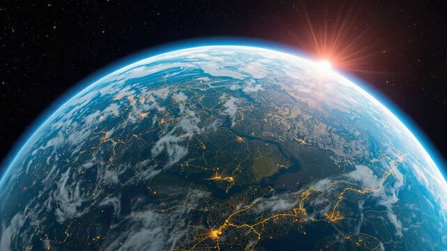 Glowing sunrise over Earth horizon with cloud layers, atmospheric city light networks illuminated