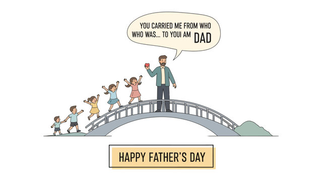 Father's Day Bridge to Connection: This heart warming illustration captures the essence of fatherhood, with a father figure leading a line of children across a bridge.