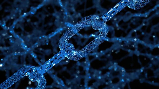 Digital blockchain chain link network glowing blue polygonal connection security technology with