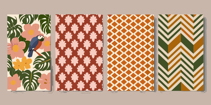 Four patterned panels featuring tropical and geometric designs