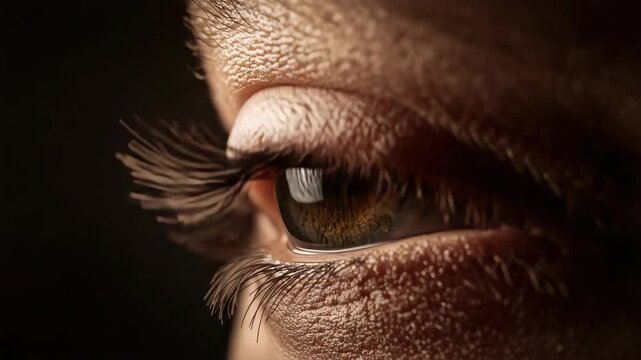 Warm brown eye close up macro with textured skin, golden brown iris and long eyelash close up