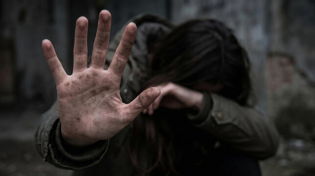 Person shielding face with hand in a gesture of fear or protection
