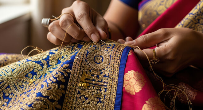 Closeup of Hands Embroidering Intricate Design on Colorful Fabric.