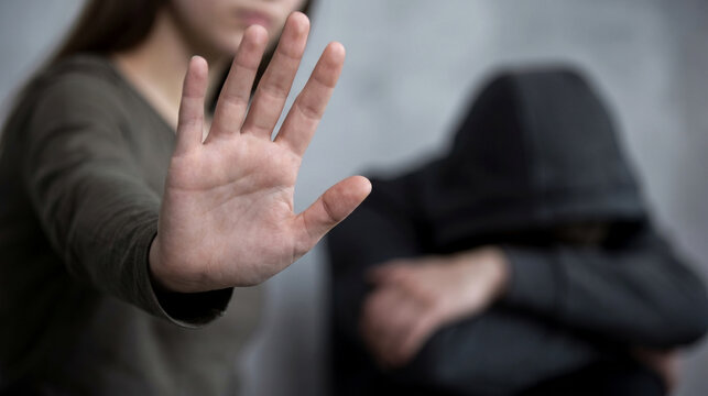 Woman showing stop gesture to a person in a hoodie, symbolizing protection and refusal of violence