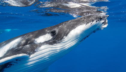 Fototapeta premium Large humpback whale swimming gracefully underwater in deep blue ocean