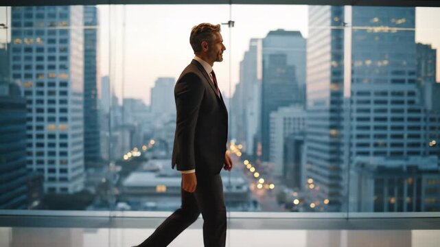 Successful mature businessman walking in modern office with city view
