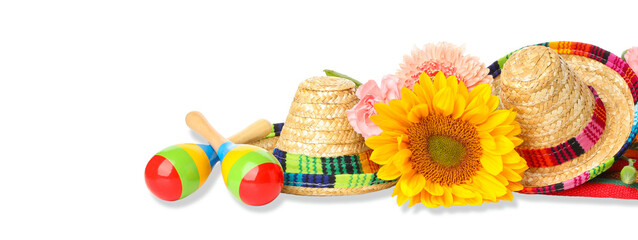 Fototapeta premium Hats, flowers, and maracas on display, isolated, PNG