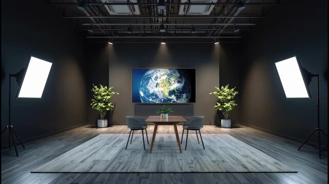 Modern interview studio with wooden table, two chairs, studio light, plant and illuminated Earth