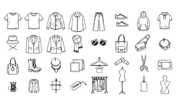 Pen drawing genderless fashion icon set with unisex clothing accessories and minimalist apparel vector collection