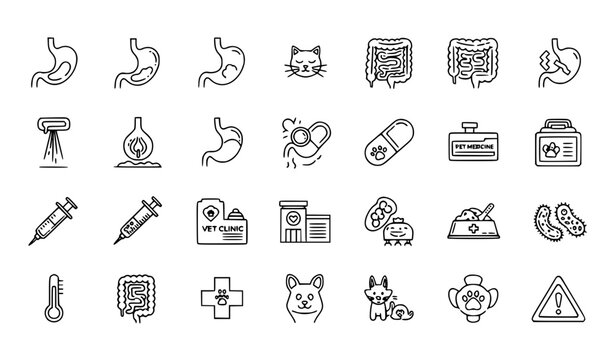 Pet digestion disease line icons set with dog cat stomach health and veterinary care vector