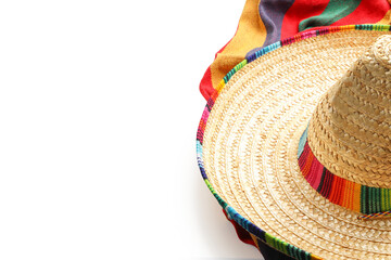 Fototapeta premium Colorful sombrero on vibrant celebratory fabric, isolated, PNG