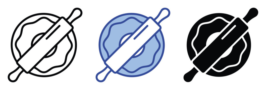 Versatile rolling pin and dough icon set representing baking process and kitchen essentials for culinary applications