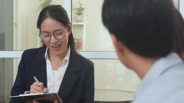 Couples family therapy with psychotherapist and counselor, session in office with clipboard, conversation, support guides communication professional takes notes as couples share concern
