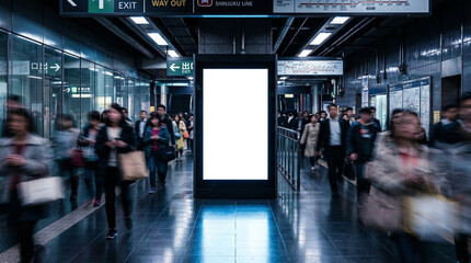 Fototapeta premium Blank advertising billboard in a bustling underground subway station, surrounded by a motion blur of anonymous commuters during rush hour in a modern city