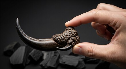 Fototapeta premium Hand checking the sharp tip of a curved Dromaeosaurid raptor claw fossil, plain charcoal background.