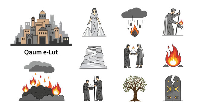 Qaum-e-Lut depicts a historic biblical narrative with artistic legends.