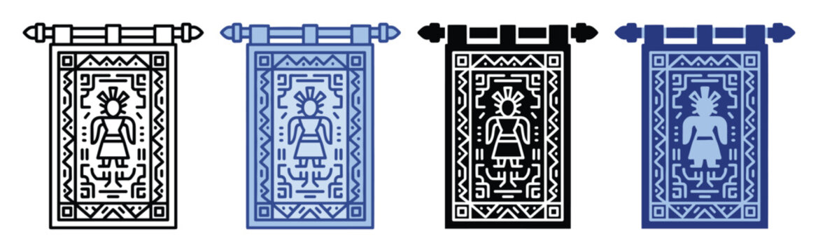 Ancient cultural hanging banner icon with stylized tribal figure and geometric patterns for diverse web and app uses