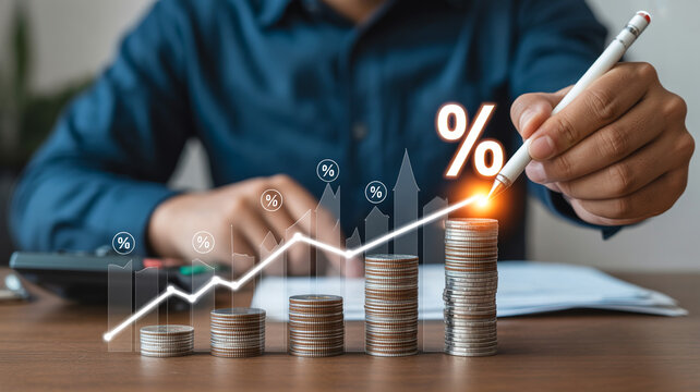 Hand shows financial growth with rising coin stacks and a large percentage symbol indicating increased interest
