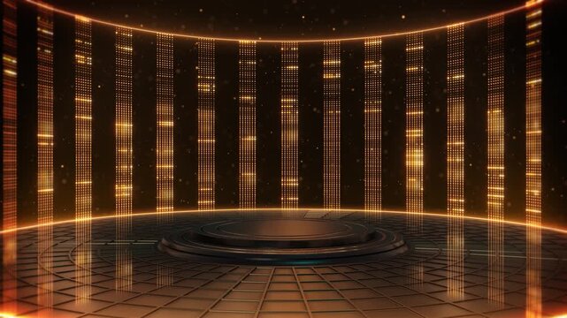 Luxurious golden LED column curtain circular podium on a reflective grid floor, warm particle light streams. for award shows, product launches, gala intros, premium branding, cinematic event openers.