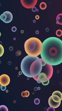 Vibrant translucent colorful bubbles floating and shimmering with a gradient background, in a seamless loop, symbolizing joy, celebration, and lightheartedness