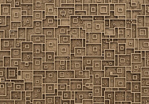 Geometric pattern of nested squares, textured beige, abstract, repeating design.