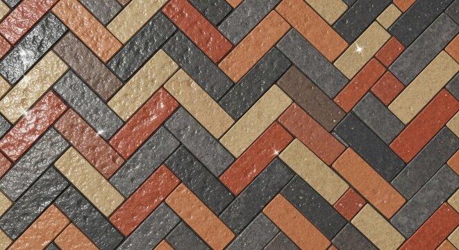Textured paving stones in a herringbone pattern with warm, earthy colors.
