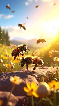 A serene landscape with bees flying around a rock amidst yellow flowers