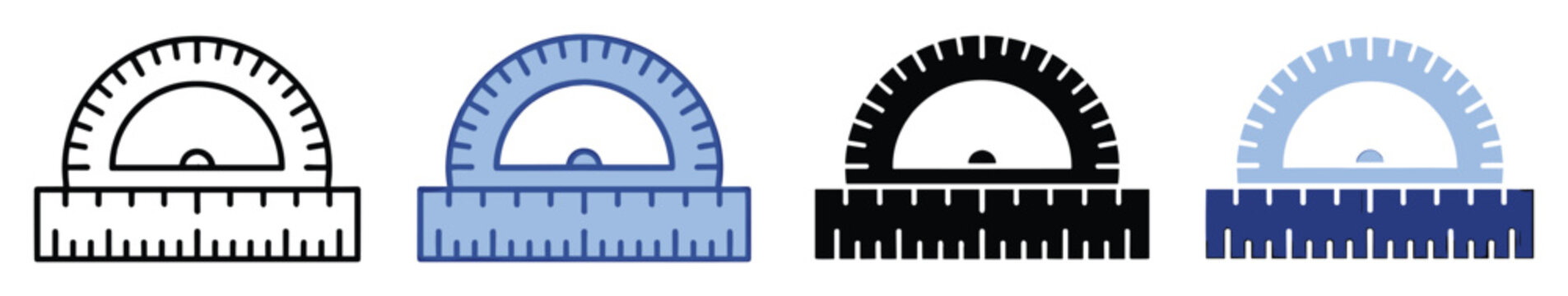 Simple educational measurement tool icon set featuring protractor and ruler for school supplies and mathematics concepts