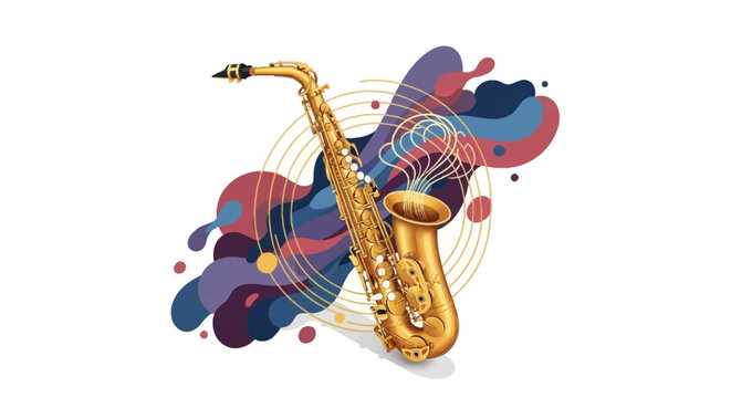 A golden saxophone stands out during an International Jazz Day celebration against a white background, enhanced by artistic swirls of purple, red, and blue, creating a musically vibrant